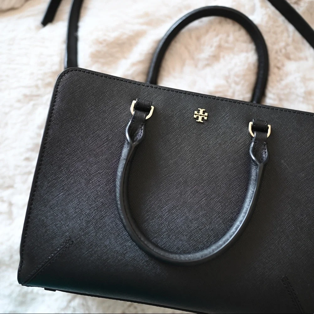 Tory Burch Black Saffiano Leather Satchel with Gold Logo